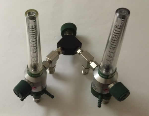 Precision Medical 15 LPM DUAL SELECT Oxygen Flowmeter WITH auxiliary valve (PTO)-DISS Female, Hand Tight Nut