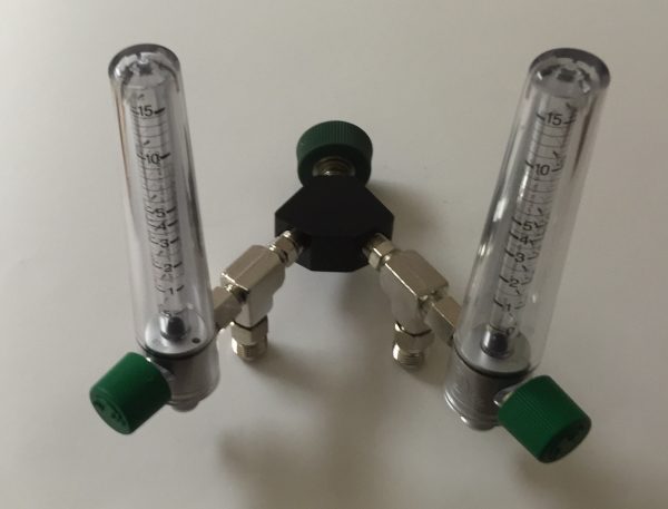 Precision Medical 15 LPM DUAL Oxygen Flowmeter WITH auxiliary valves (PTO)-DISS Female, Hand Tight Nut