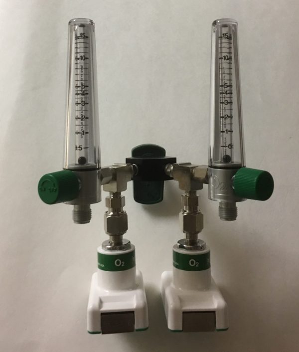 Dual 15 LPM Oxygen Flowmeters with Chemetron Quick Connect Inlet and (2) Chemetron Couplers (Auxiliary Valves)