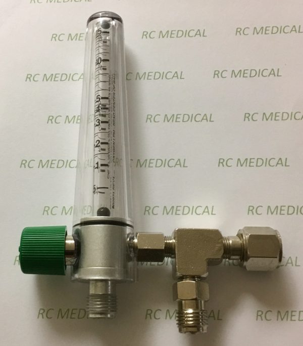 Precision Medical 15 LPM Oxygen Flowmeter WITH auxiliary valve (PTO)-DISS Female, Hex Nut