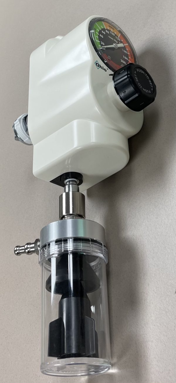 Ohio Medical "Push to Set", 3 Mode Continuous Suction Regulator with Trap, Ohmeda Wall Fitting