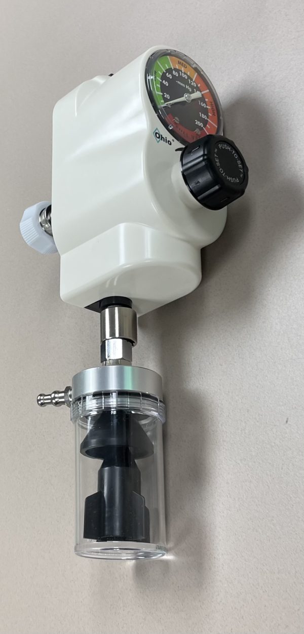Ohio Medical "Push to Set", 3 Mode Continuous Suction Regulator with Trap, DISS FE Wall Fitting