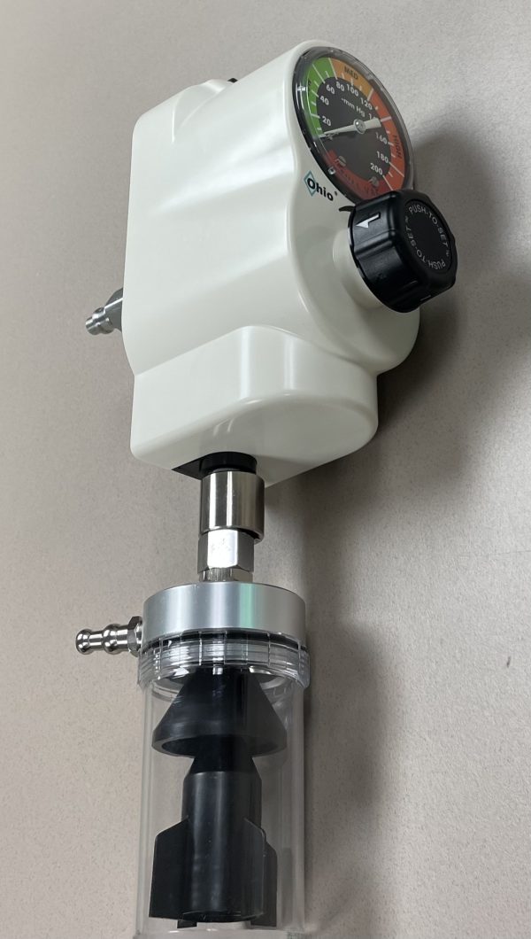 Ohio Medical "Push to Set", 3 Mode Continuous Suction Regulator with Trap, Puritan Bennett Wall Fitting