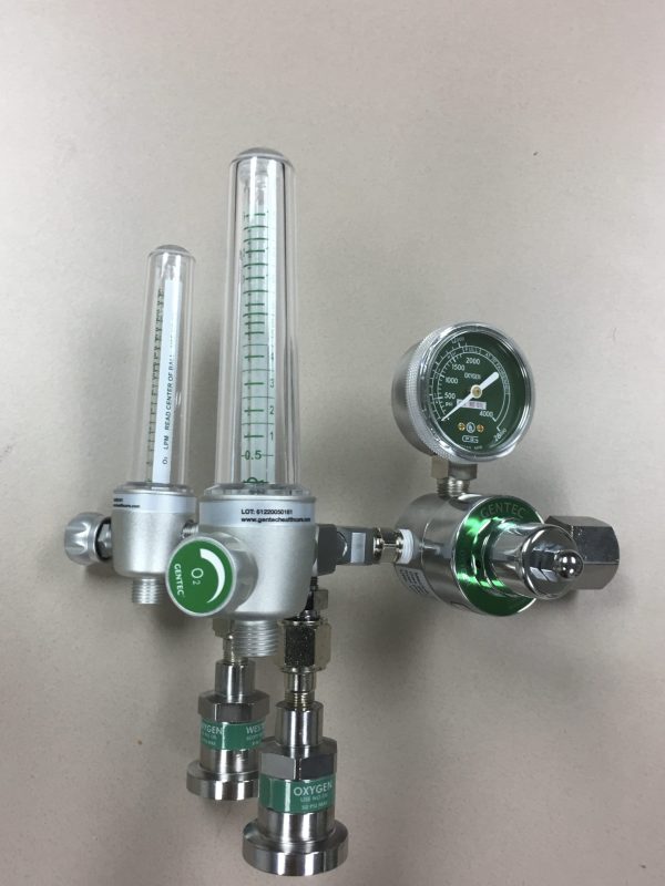 Dual Oxygen Flowmeter on (540) Large Cylinder Regulator with (2) 50 PSI Ohmeda Quick Connects
