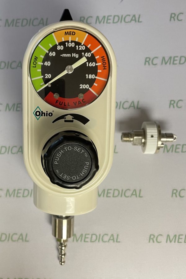Ohio Medical "Push to Set" Continuous, Intermittent Suction Regulator with Tubing Nipple Outlet and Ohmeda Wall AdapterONLY 2 REMAIN AT THIS SPECIAL PRICEIN STOCK