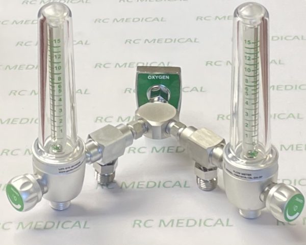 Gentec 0-15 LPM Dual Oxygen Flowmeter with (2)-50 PSI Auxiliary Valves, Chemetron Quick Connect