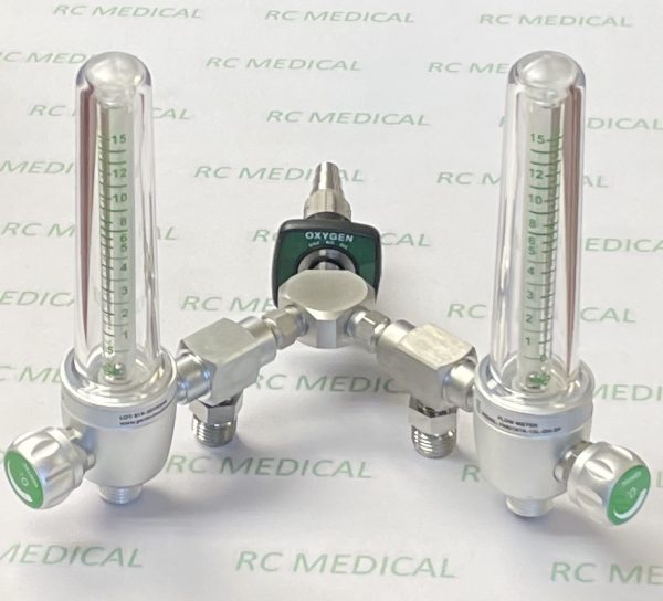 Gentec 0-15 LPM Dual Oxygen Flowmeter with (2) 50 PSI Auxiliary Valves and Medstar Quick Connect