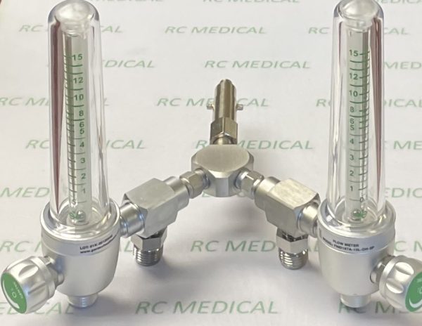 Gentec 0-15 LPM Dual Oxygen Flowmeter with (2) 50 PSI Auxiliary Valves and Oxequip Quick Connect