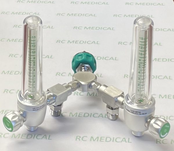 Gentec 0-15 LPM Dual Oxygen Flowmeter with (2)-50 PSI Auxiliary Valves, Ohmeda Quick Connect