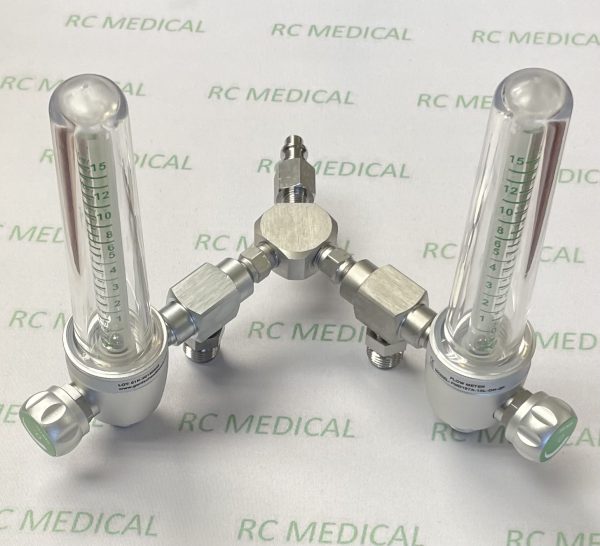 Gentec 0-15 LPM Dual Oxygen Flowmeter with (2) 50 PSI Auxiliary Valves and Puritan-Bennett Quick Connect