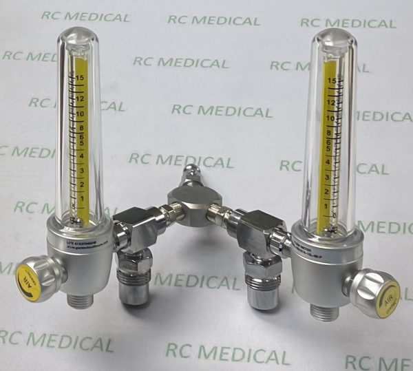 Gentec Dual Air Flowmeter with (2) 50 PSI Auxiliary Valves (Power Take Off), Puritan Bennett Adapter