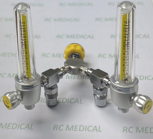 Gentec Dual Air Flowmeter with (2) 50 PSI Auxiliary Valves (Power Take Off), Ohmeda Adapter