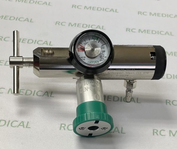 25 LPM Fixed Flow Oxygen Regulator, All Brass,  with DISS Auxiliary Valve and Ohmeda Auxiliary Port