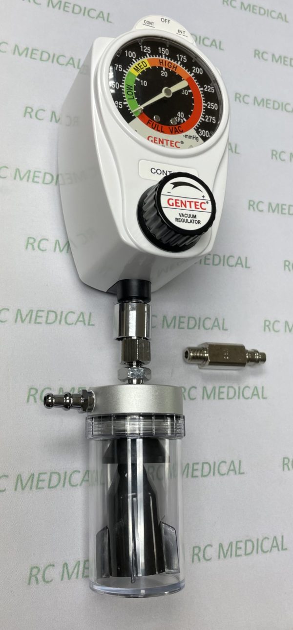 Gentec Continuous/Intermittent Suction Regulator, 0-300 mm Hg With Trap Included, Puritan Bennett Quick Connect Inlet  Limited Quantities