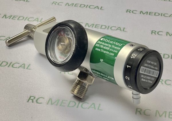 EvalueMed Brass Core Oxygen Regulator, 25 LPM Fixed Flow with 2 Power Take Off (50 PSI Auxiliary Valves) for Small D & E Cylinder