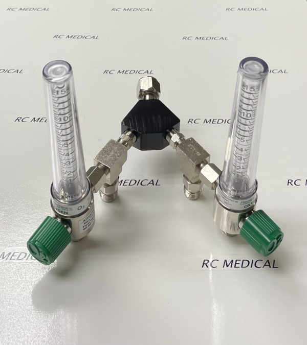 Precision Medical 15 LPM Dual Chrome Body Flowmeter with 50 PSI Auxiliary Valves and DISS Hex Nut Wall Adapter