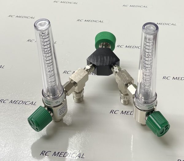 Precision Medical 15 LPM Dual Chrome Body Flowmeter with 50 PSI Auxiliary Valves and DISS Hand Tight Wall Adapter