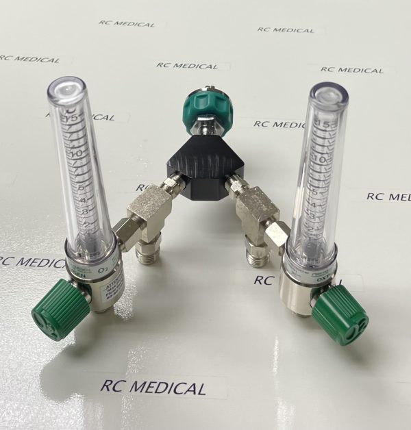 Precision Medical 15 LPM Dual Chrome Body Flowmeter with 50 PSI Auxiliary Valves and Ohmeda Wall Adapter