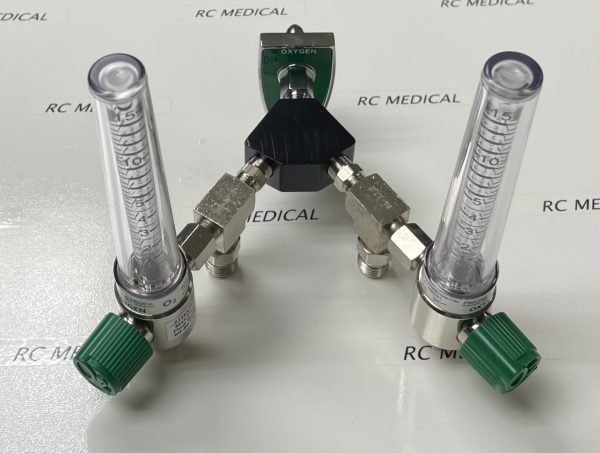 Precision Medical 15 LPM Dual Chrome Body Flowmeter with 50 PSI Auxiliary Valves and Chemetron Wall Adapter