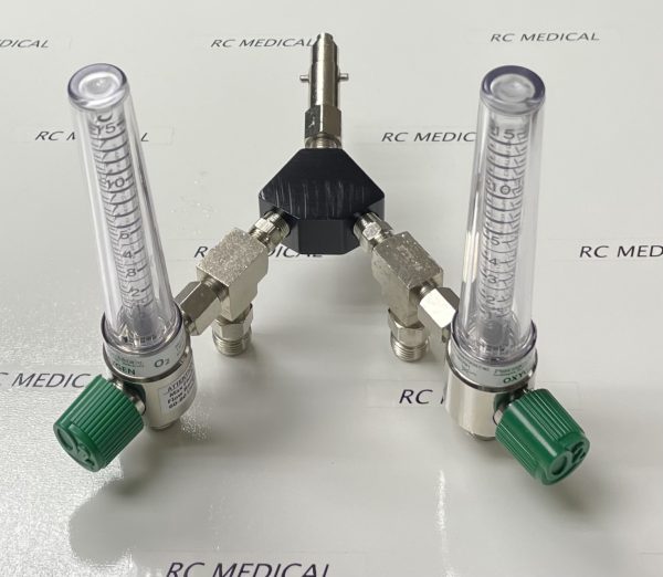 Precision Medical 15 LPM Dual Chrome Body Flowmeter with 50 PSI Auxiliary Valves and Oxequip Wall Adapter