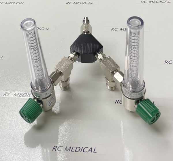 Precision Medical 15 LPM Dual Chrome Body Flowmeter with 50 PSI Auxiliary Valves and Puritan Bennett Wall Adapter