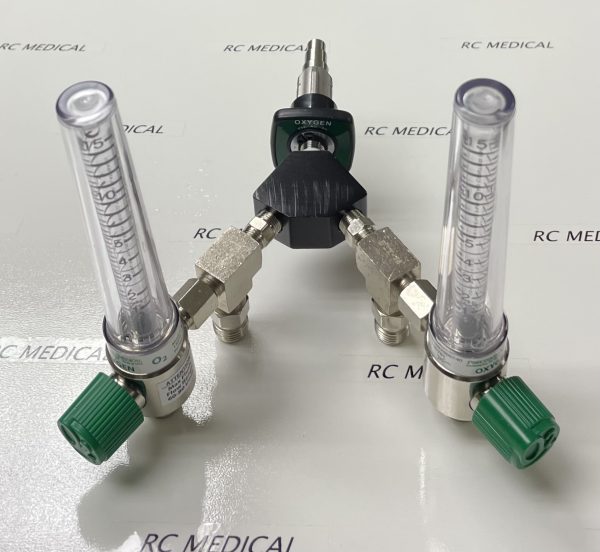 Precision Medical 15 LPM Dual Chrome Body Flowmeter with 50 PSI Auxiliary Valves and Medstar Wall Adapter