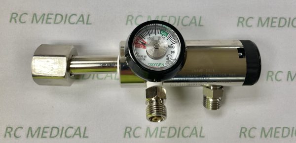 Gentec Fixed Flow, 0-25 LPM, Oxygen Regulator (CGA540-Large Cylinder), with Single Auxiliary Valve and DISS Outlet for Flow