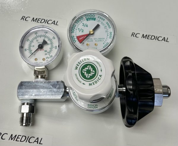 Western Medica Oxygen Regulator, Adjustable 0-100 PSI, Large Cylinder (CGA540), with Hand Nut