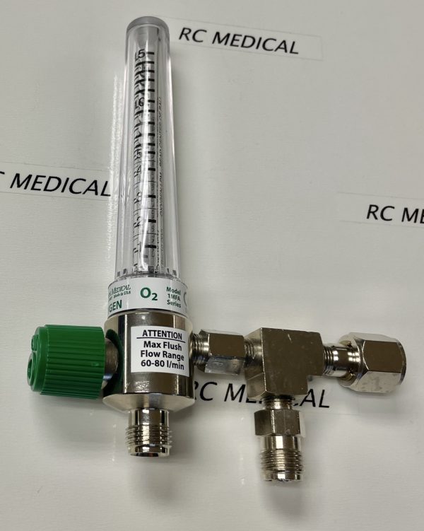 Precision Medical Chrome Body 0-15 LPM Oxygen Flowmeter with DISS Female - Hex Nut - and 50 PSI Auxiliary Valve