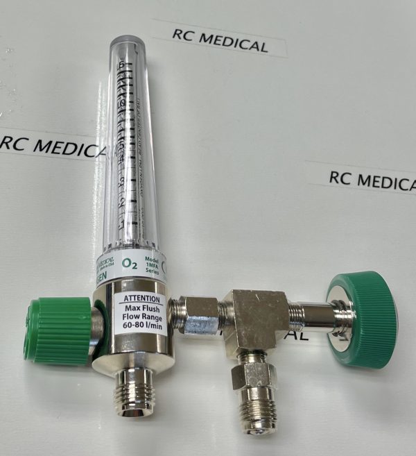 Precision Medical Chrome Body 0-15 LPM Oxygen Flowmeter with DISS Female - Hand Tight - and 50 PSI Auxiliary Valve