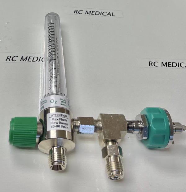 Precision Medical Chrome Body 0-15 LPM Oxygen Flowmeter with Ohmeda Quick Connect and 50 PSI Auxiliary Valve