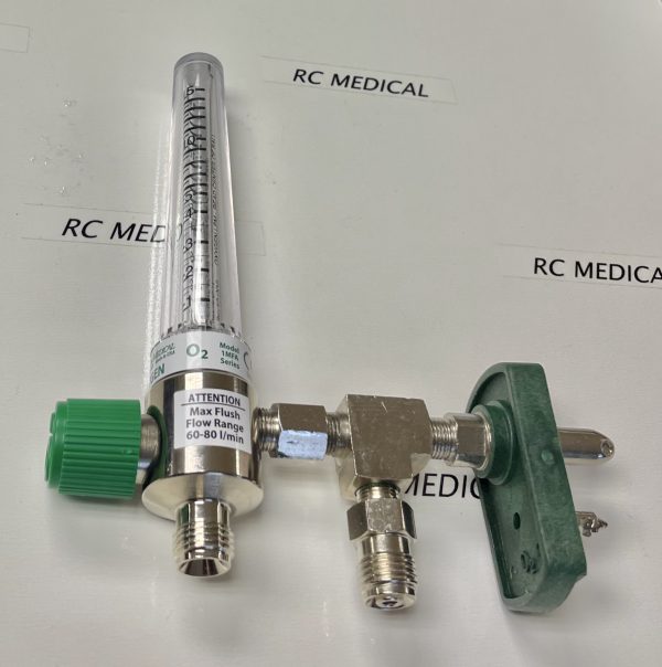 Precision Medical Chrome Body 0-15 LPM Oxygen Flowmeter with Chemetron Quick Connect and 50 PSI Auxiliary Valve