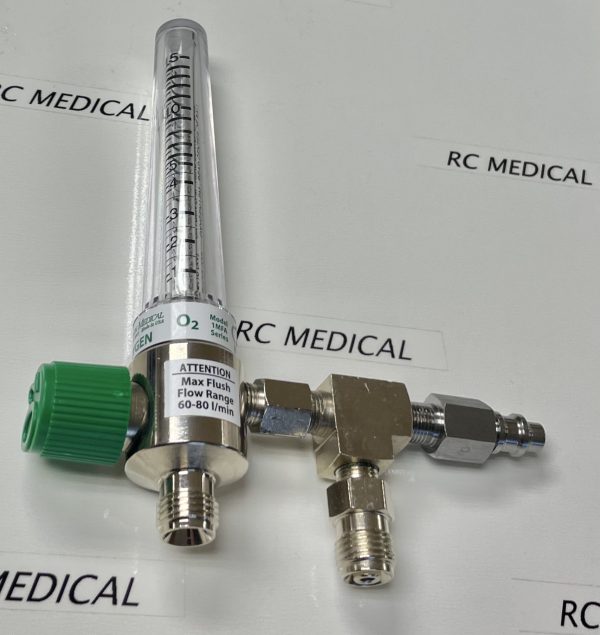 Precision Medical Chrome Body 0-15 LPM Oxygen Flowmeter with Puritan Bennett Quick Connect and 50 PSI Auxiliary Valve