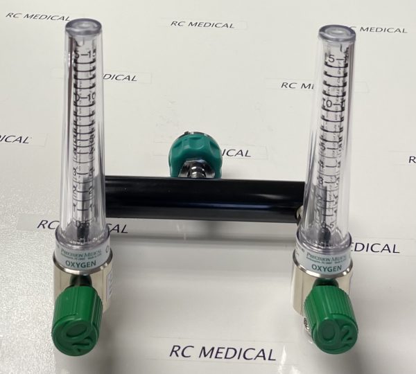 Dual Oxygen Flowmeter, 15 LPM, on "T" Bar With Ohmeda Quick Connect